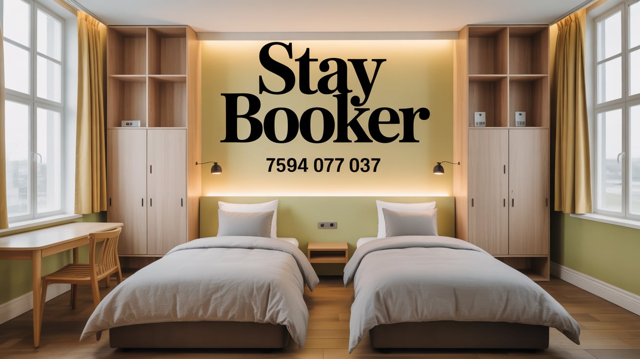 Modern hostel interior in Ernakulam featuring spacious dorm rooms with wooden bunk beds, vibrant colored walls, individual reading lamps, and secure lockers."