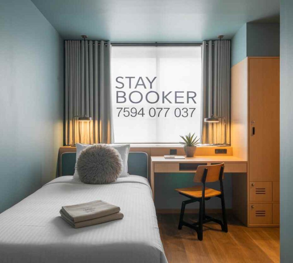hostels in ernakulam Bright and spacious dormitory room in hostels in Ernakulam with bunk beds, lockers, and modern amenities